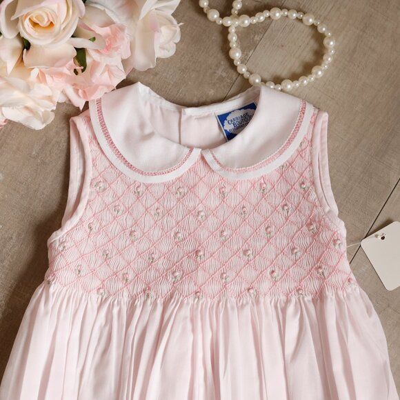 New Pink Smocked Romper Bullion Rose Embroidery Feltman Brothers 12 Month NWOT - Picture 2 of 5